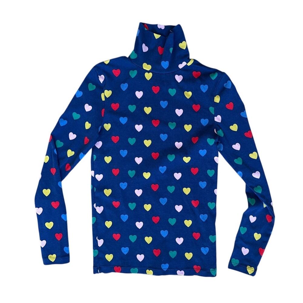 Mini Boden Girls Turtleneck Shirt Size 11-12y Navy Blue Rainbow Hearts Cotton
